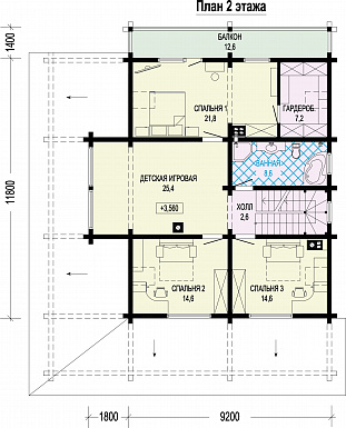 Проект двухэтажного дома из бруса с масштабной крытой террасой и бельведером / План 2 этажа