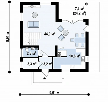 Проект загородного дома современного дизайна из газобетона с тремя спальнями / План 1 этажа
