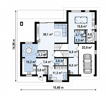 Проект комфортного одноэтажного дома из газобетона с подземным гаражом и бильярдной на цокольном этаже / План 1 этажа
