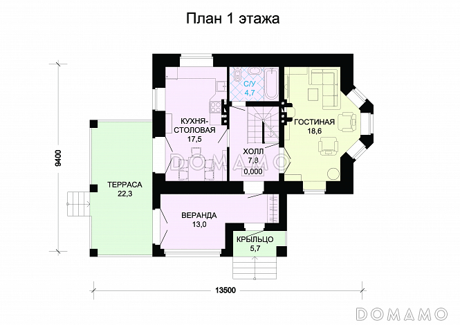 Проект кирпичного дома с верандой / План 1 этажа