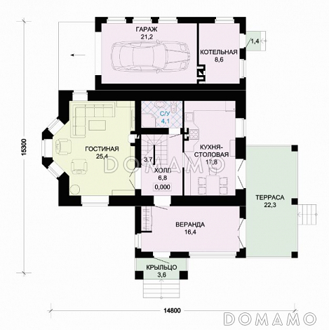 Проект современного дома из оранжевого кирпича с гаражом / План 1 этажа