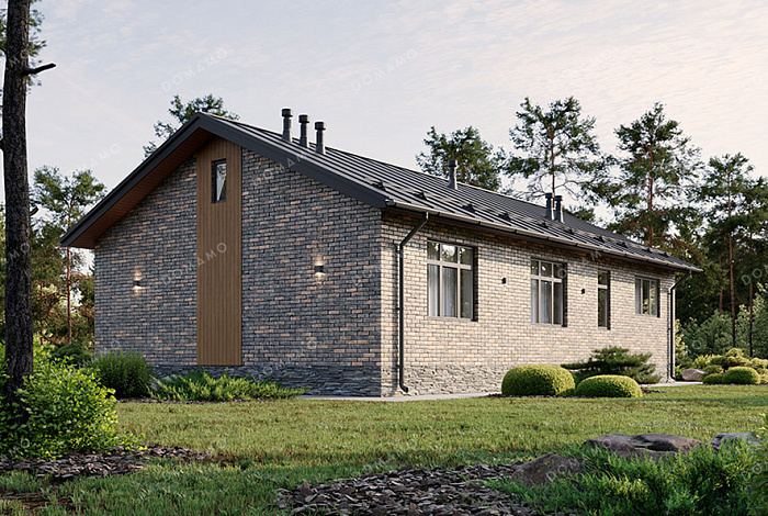 Проект прямоугольного одноэтажного дома с двухскатной фальцевой кровлей, вторым светом и классической отделкой облицовочным кирпичом и планкеном