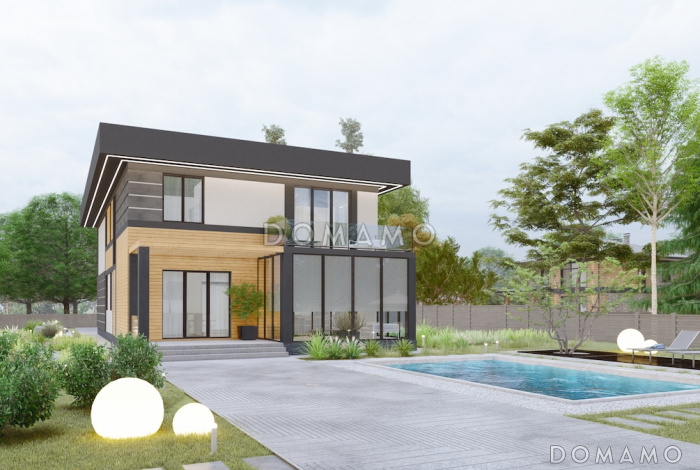 Проект двухэтажного дома из газобетона со встроенным гаражом, верандой и спортзалом