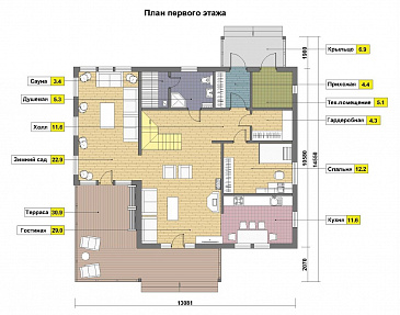 Проект дома из газобетона с сауной на первом этаже / План 1 этажа