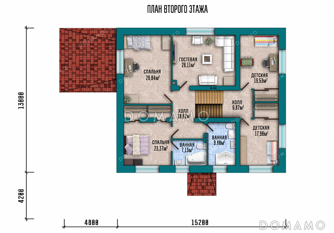 Проект двухэтажного дома с гаражом, оборудованным подвалом и крытой террасой / План 2 этажа