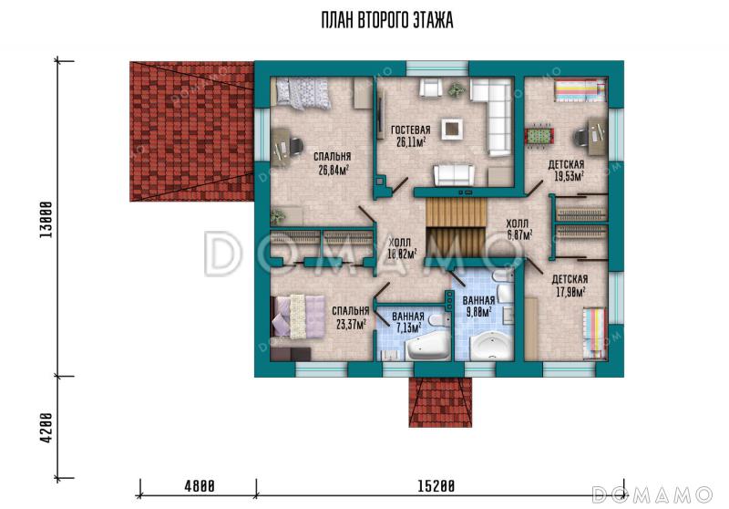 Проект двухэтажного дома с гаражом, оборудованным подвалом и крытой террасой / План 2 этажа