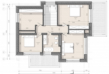 Проект дома с панорамным остеклением на обоих этажах, с 4 спальнями и крытой террасой / План 2 этажа
