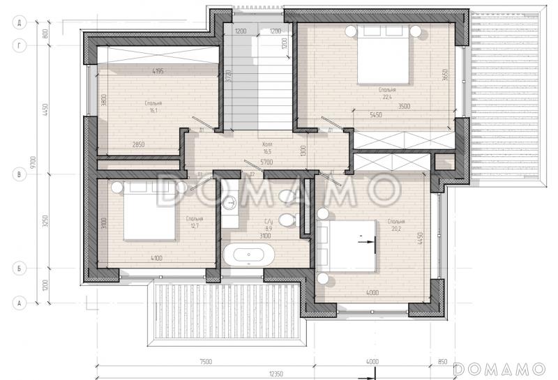 Проект дома с панорамным остеклением на обоих этажах, с 4 спальнями и крытой террасой / План 2 этажа