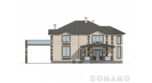 Проект двухэтажного кирпичного дома со вторым светом, навесом для автомобиля и открытой террасой на втором этаже / Фасад 4