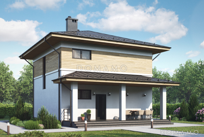 Проект загородного дома с комнатой на первом этаже, санузлом под лестницей, террасой