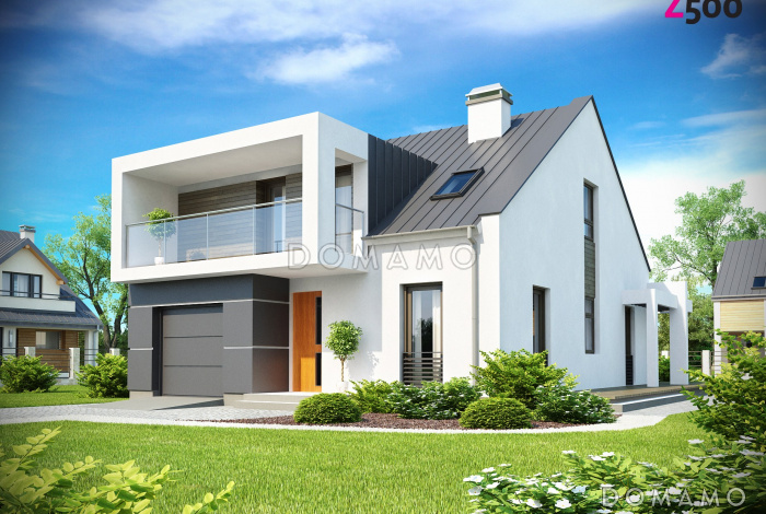 Проект просторного современного одноэтажного дома из кирпича  с мансардой, с двумя балконами в кровле и встроенным гаражом