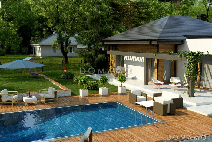 Проект просторного одноэтажного дома из газобетона с тремя спальнями и двухместным гаражом