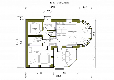 Проект бани с верандой и кухней-гостиной / План 1 этажа