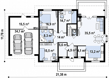 Проект одноэтажного дома из газобетона с мансардой, гаражом на два автомобиля и зоной барбекю на террасе  / План 1 этажа