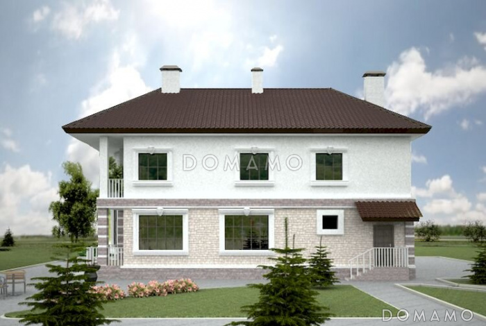 Проект дома с просторной двусветной гостиной с камином 