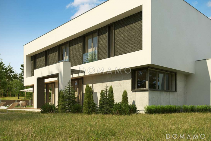 Проект современного двухэтажного дома из кирпича с плоской крышей с гаражом для двух автомобилей и террасами на обоих уровнях