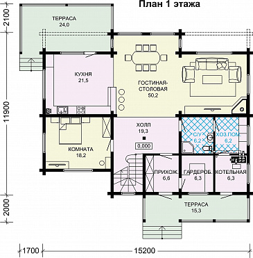 Проект двухэтажного деревянного дома с большой мастер-спальней и двумя лоджиями / План 1 этажа