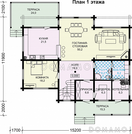 Проект двухэтажного деревянного дома с большой мастер-спальней и двумя лоджиями / План 1 этажа