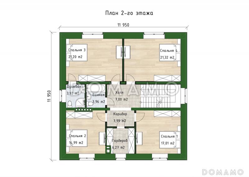 Проект двухэтажного дома с 4 спальнями, большой гостиной и подсветкой на террасе / План 2 этажа