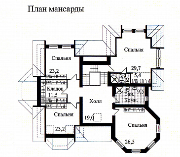 Проект дома из кирпича с необычной в плане каминной комнатой / План мансардного этажа