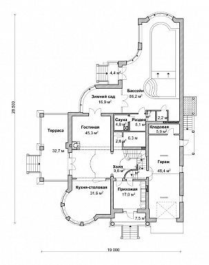 Проект коттеджа с бассейном, зимним садом и гаражом на 2 а/м,  / План 1 этажа