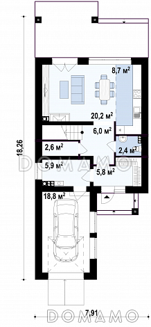 Проект двухэтажного дома из кирпича с фронтальным гаражом для узкого участка / План 1 этажа