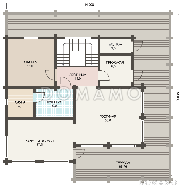 Проект дома из клееного бруса с красивыми крытыми террасами / План 1 этажа