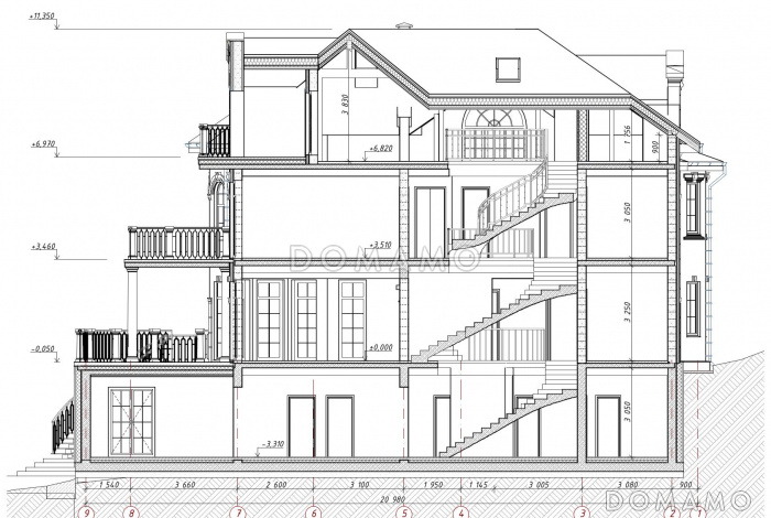 Проект семейного родового дома с террасой, балконами, кабинетами, спортивным залом, сауной