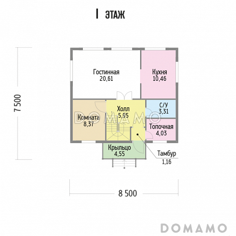 Проект компактного, функционального дома из клееного бруса с деревянной вагонкой / План 1 этажа