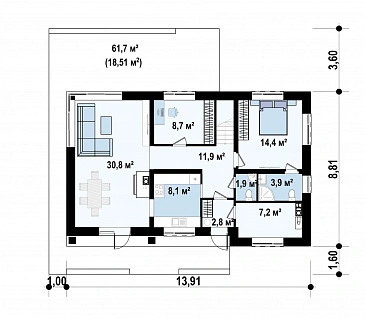 Проект двухэтажного дома из газобетона с пятью спальнями и кабинетом / План 1 этажа