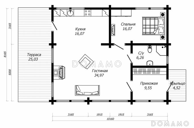 Проект одноэтажного дома из клееного бруса с одной спальней / План 1 этажа