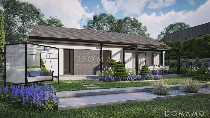 Проект одноэтажного дома с двумя санузлами и тремя комнатами, окном на кухне