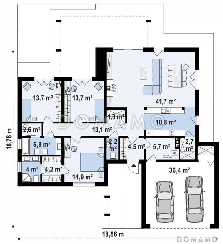 Проект просторного современного одноэтажного дома из кирпича с плоской крышей с тремя спальнями, крытой террасой и гаражом / План 1 этажа