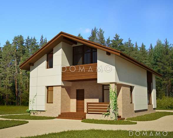 Проект загородного дома с открытой террасой, небольшой кухонной зоной, вторым светом, балконом и лоджией