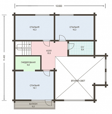 Проект деревянного дома из клееного бруса с большой совмещенной гостиной с кухней / План мансардного этажа