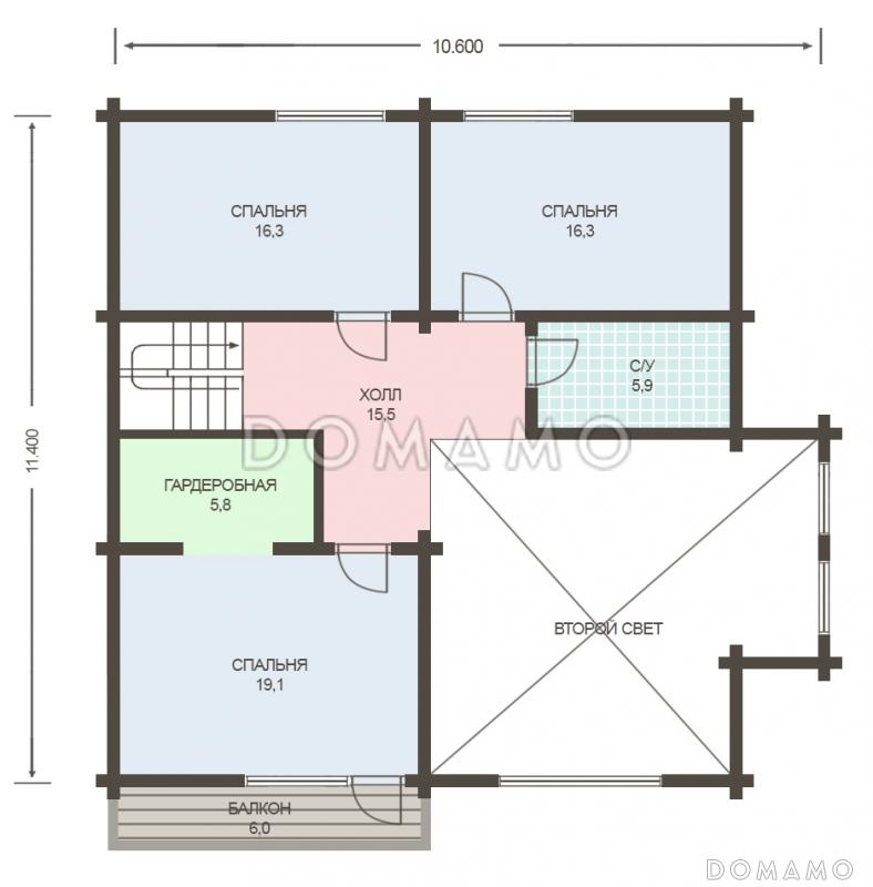 Проект деревянного дома из клееного бруса с большой совмещенной гостиной с кухней / План мансардного этажа
