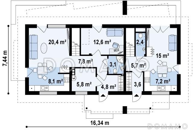 Проект одноэтажного мансардного дома из газобетона с отдельными входами для двух семей / План 1 этажа