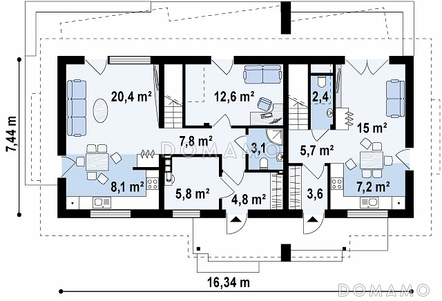 Проект одноэтажного мансардного дома из газобетона с отдельными входами для двух семей / План 1 этажа