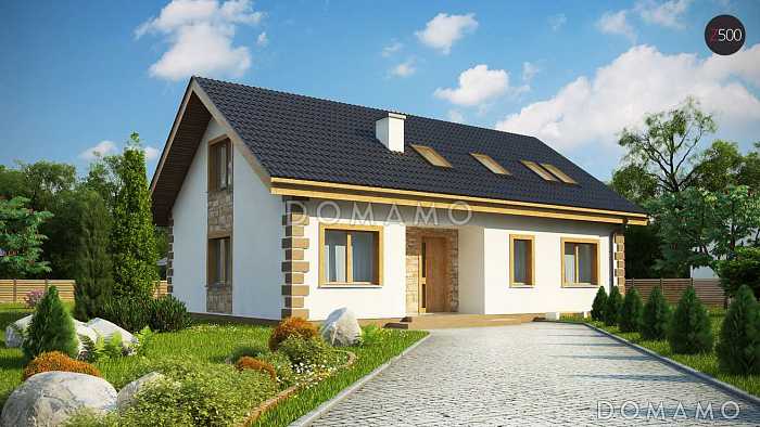 Проект одноэтажного мансардного дома из газобетона классической формы и планировки, с пятью комнатами