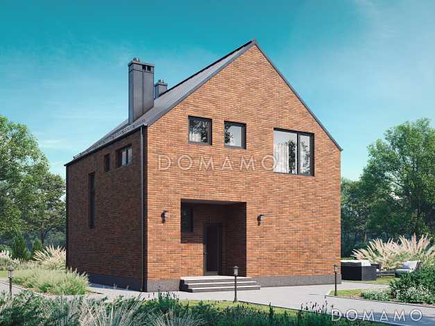 Проект загородного дома с тремя санузлами, гостиной с камином, кладовой у крыльца