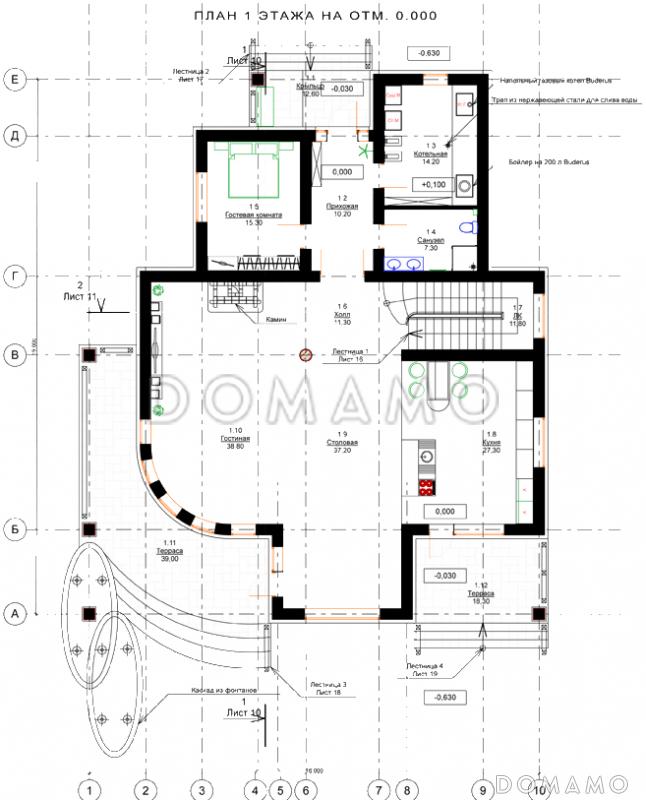 Проект дома с пятью спальнями, открытой планировкой дневной зоны с закругленным углом / План 1 этажа
