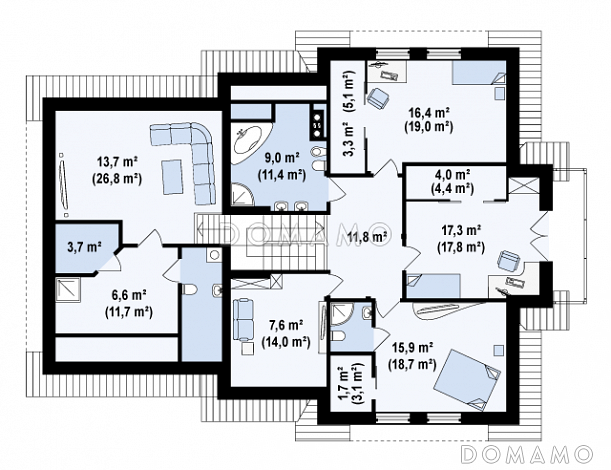 Проект просторного комфортного мансардного дома из газобетона с необычной планировкой и гаражом / План мансардного этажа