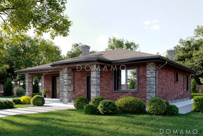 Проект одноэтажного дома с террасой и крыльцом с колоннами