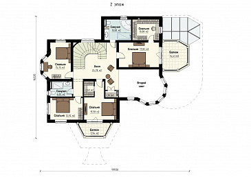 Проект семейного родового дома с террасой, балконами, кабинетами, спортивным залом, сауной / План 2 этажа