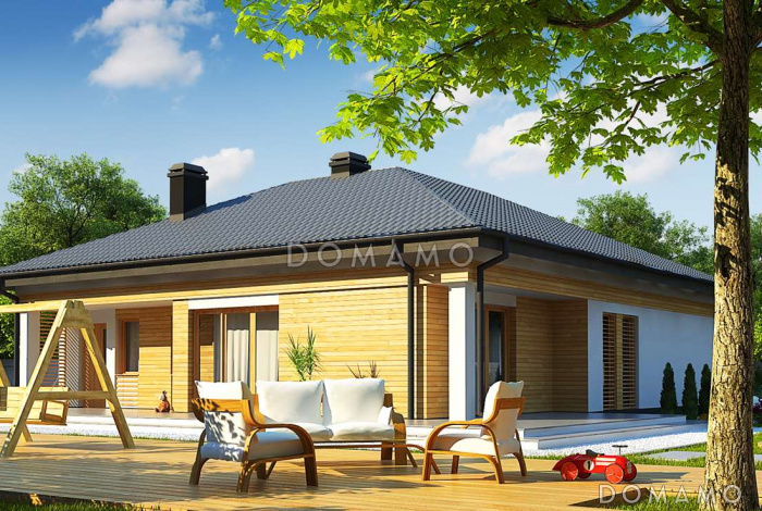 Проект одноэтажного дома из кирпича с дневной зоной в тыльной части дома и выходом на большую террасу и гаражом на один автомобиль