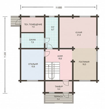 Проект дома из клееного бруса с просторной сауной и спальней на первом этаже / План 1 этажа
