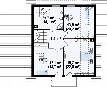 Проект одноэтажного мансардного дома из кирпича с гаражом, эркером и большой площадью остекления в гостиной / План мансардного этажа