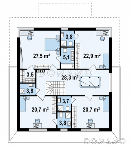 Проект просторного двухэтажного дома из газобетона с четырьмя спальнями, кабинетом, большим гаражом и тех помещением / План 2 этажа