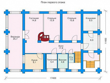 Проект двухэтажного дома из бруса с небольшой кухней, тремя спальнями на втором этаже / План 1 этажа