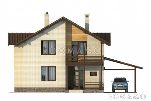 Проект бежевого двухэтажного дома с лоджией над крыльцом / Фасад 1